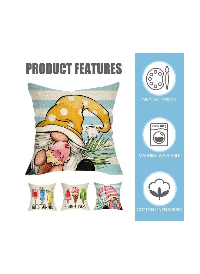 Summer Decorative Throw Pillow, Set of 4 Hello Summer Vibes Gnome, Cover 18 x 18 Ice Cream Popsicle Juice Porch Patio Outdoor Pillowcase, Stripes Seasonal Farmhouse Couch Cushion Case Home Decor