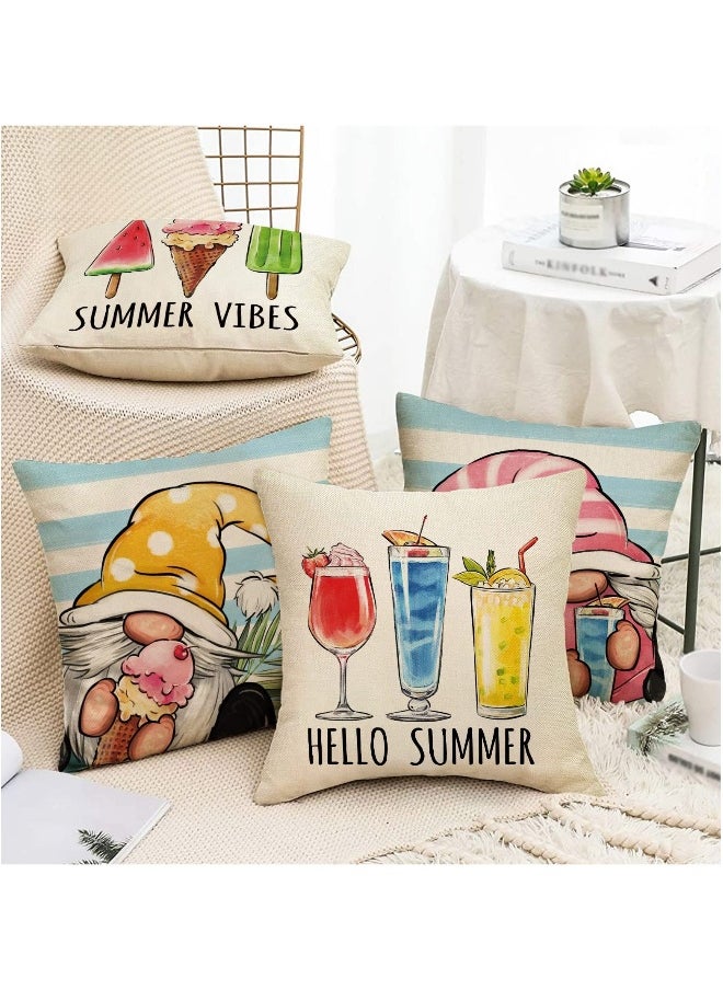 Summer Decorative Throw Pillow, Set of 4 Hello Summer Vibes Gnome, Cover 18 x 18 Ice Cream Popsicle Juice Porch Patio Outdoor Pillowcase, Stripes Seasonal Farmhouse Couch Cushion Case Home Decor