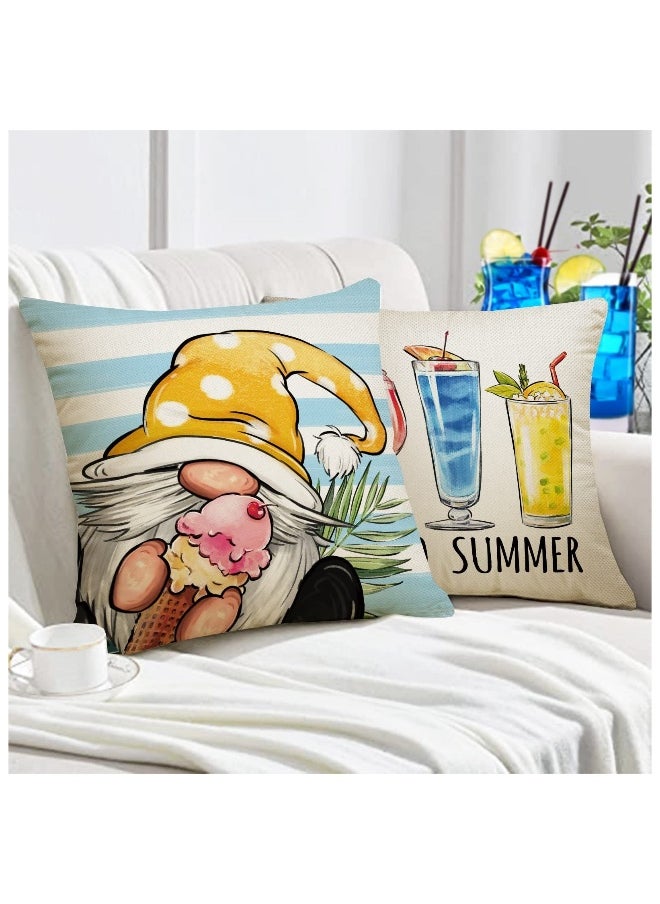 Summer Decorative Throw Pillow, Set of 4 Hello Summer Vibes Gnome, Cover 18 x 18 Ice Cream Popsicle Juice Porch Patio Outdoor Pillowcase, Stripes Seasonal Farmhouse Couch Cushion Case Home Decor