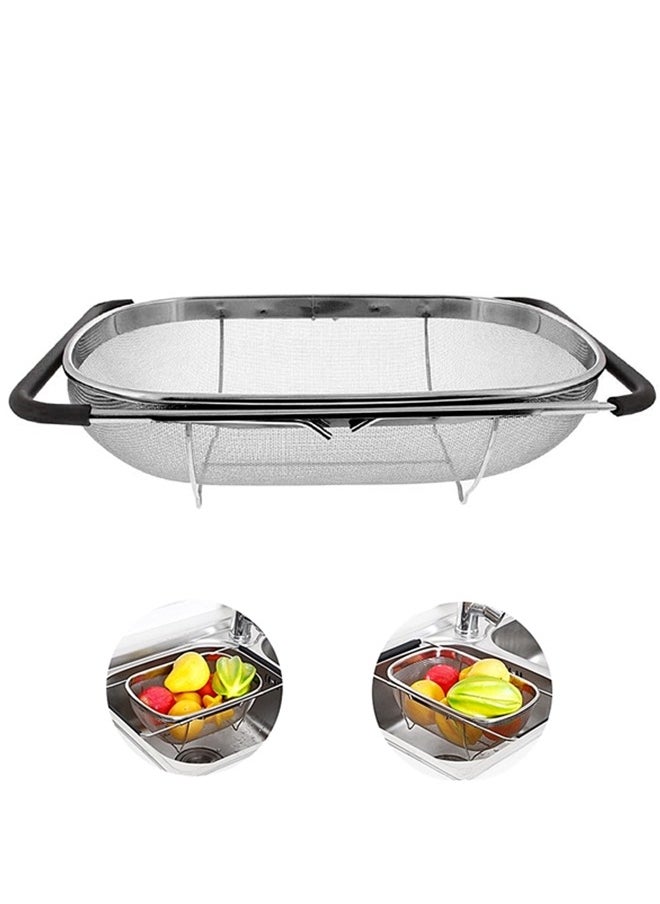 Stainless Steel Over the Sink Colander Strainer Basket，Draining Basket，Sink Basket，Sink with Rubber Grip, Fine Mesh, Large Kitchen Gadgets Tools，Strainer Home Kitchen Essentials