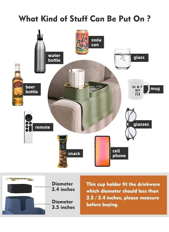 Couch Cup Holder Tray, Silicone Anti-Spill and Anti-Slip Couch Drink Holder, Strong and Weighted Phone/Remote/Snacks Sofa Cup Holder (Olive Green)