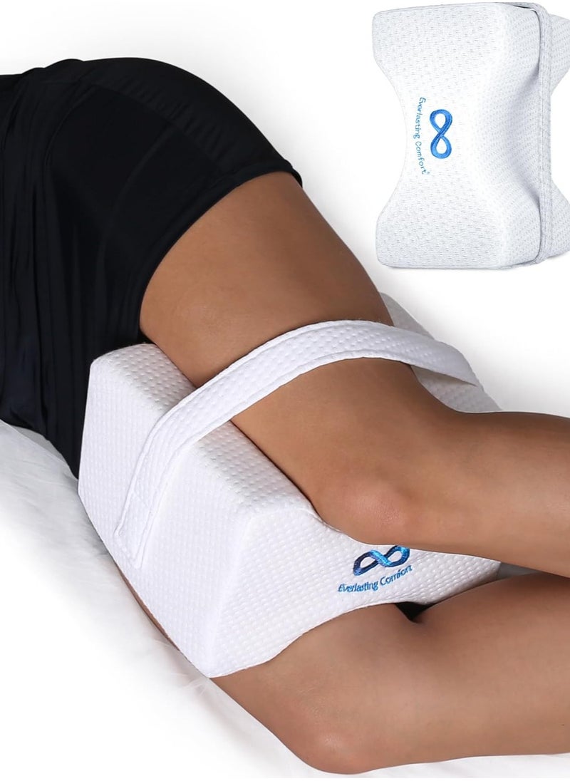 Everlasting Comfort Knee Pillow for Side Sleepers - Memory Foam Leg Pillow for Hip and Back Pain Relief - Comfortable Leg Pillow for Side Sleeping - Adjustable Strap - Sciatica Pain Relief Pillow