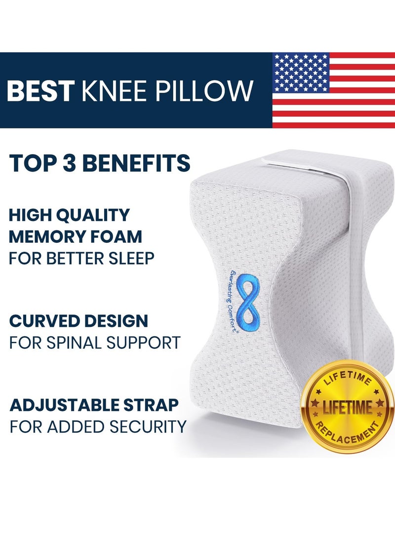 Everlasting Comfort Knee Pillow for Side Sleepers - Memory Foam Leg Pillow for Hip and Back Pain Relief - Comfortable Leg Pillow for Side Sleeping - Adjustable Strap - Sciatica Pain Relief Pillow