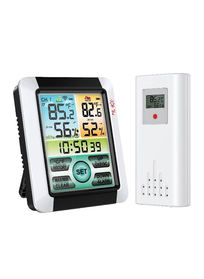 Indoor Outdoor Thermometer, Wireless Weather Station with Remote Sensor, 4'' Color LCD Display Digital Hygrometer Temperature Humidity Monitor, Touchscreen, Alarm Clock for Patio, Home, Room