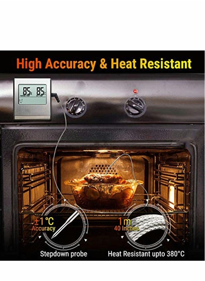 Grill Thermometer, Large LCD Digital Cooking Food Meat Thermometer, Smoker Oven Kitchen BBQ Grill Thermometer Clock Timer with Stainless Steel Temperature Probe for Kitchen Cooking BBQ Grill