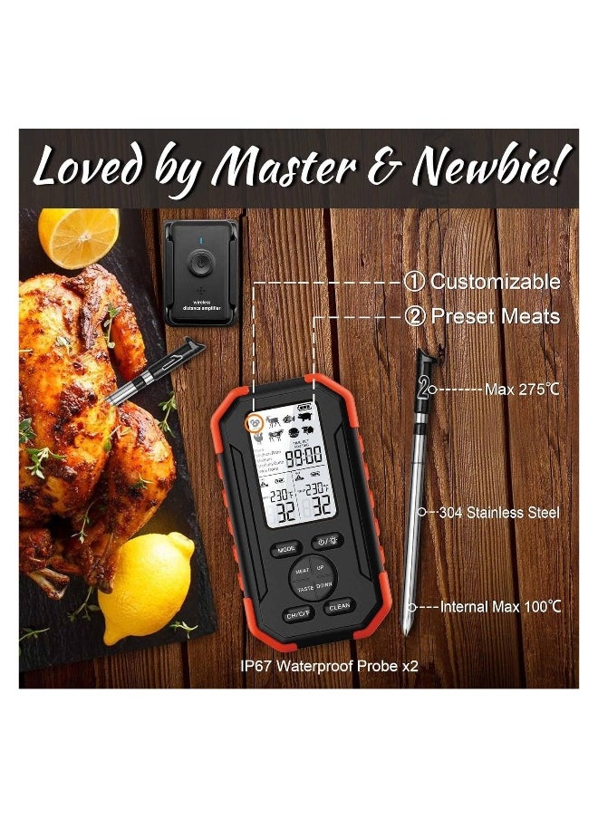 Wireless Meat Thermometer, 2 Meat Probe Wireless Thermometer for Grilling, 195Ft Meat Thermometer Digital Wireless, Smart Meat Thermometer Wireless, BBQ Oven Grill Smoker, Meat Grill Thermometer