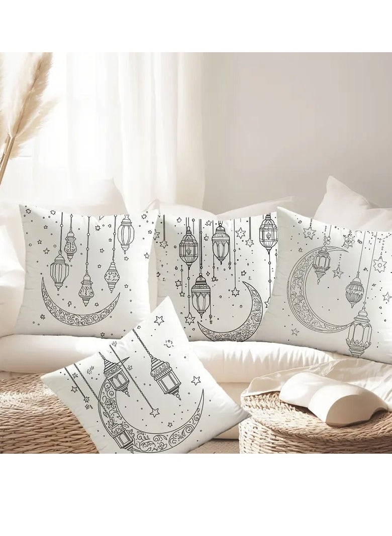 4pcs Contemporary Throw Pillow Covers, Vintage Ramadan Lantern Print, 44.96cm x 44.96cm, Machine Washable, Zipper Closure, 100% Polyester, with Decorative Cushion Cases for Home, Sofa, Bedroom, Party, Spring Decor