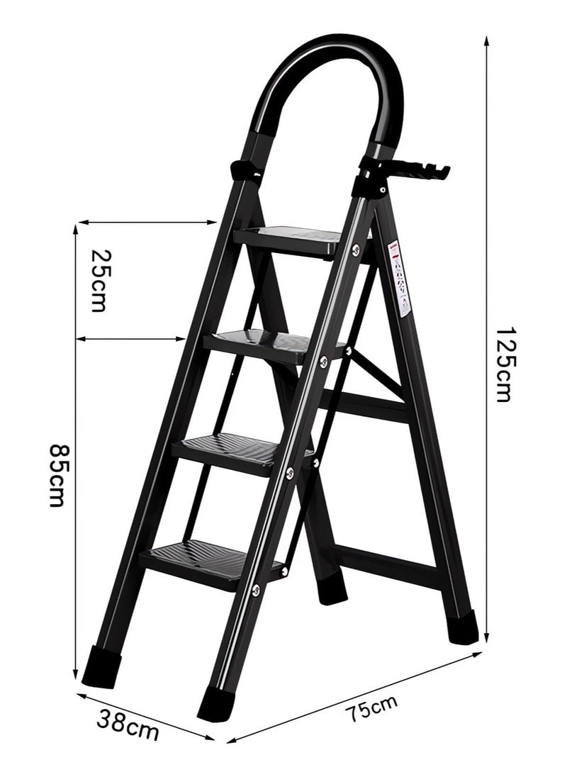 4 Step Ladder, Steel Folding Ladder Stool with Tool Rack, Non-Slip Treads, Multi-Purpose Folding Ladder for Home Kitchen Office, Space Saving, Holds up to 150KG