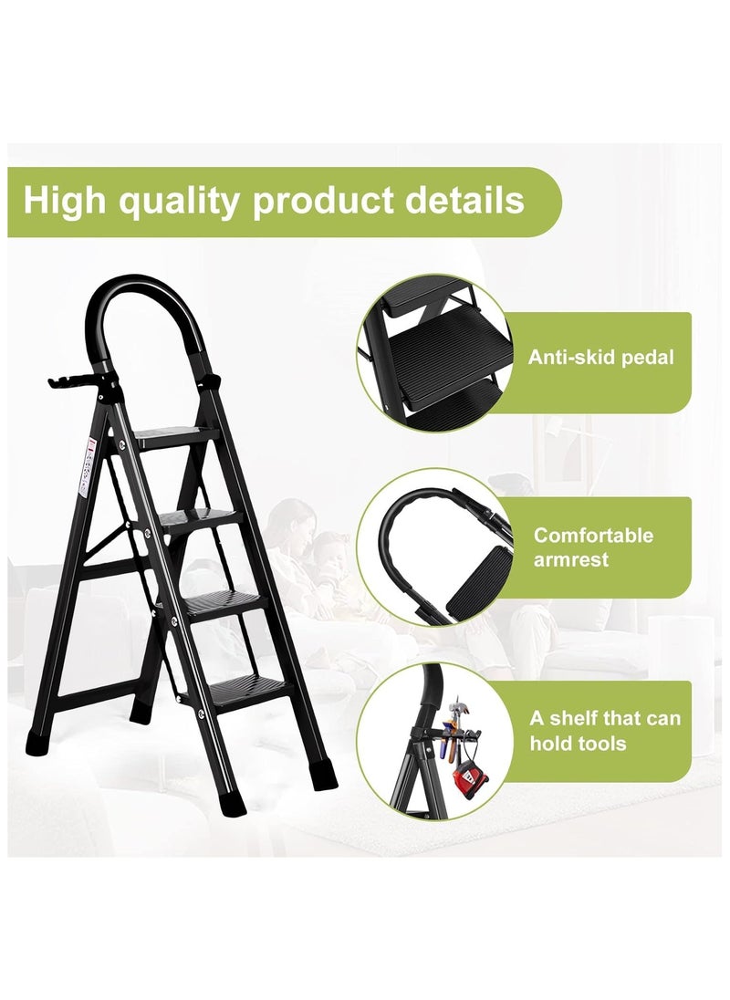 4 Step Ladder, Steel Folding Ladder Stool with Tool Rack, Non-Slip Treads, Multi-Purpose Folding Ladder for Home Kitchen Office, Space Saving, Holds up to 150KG