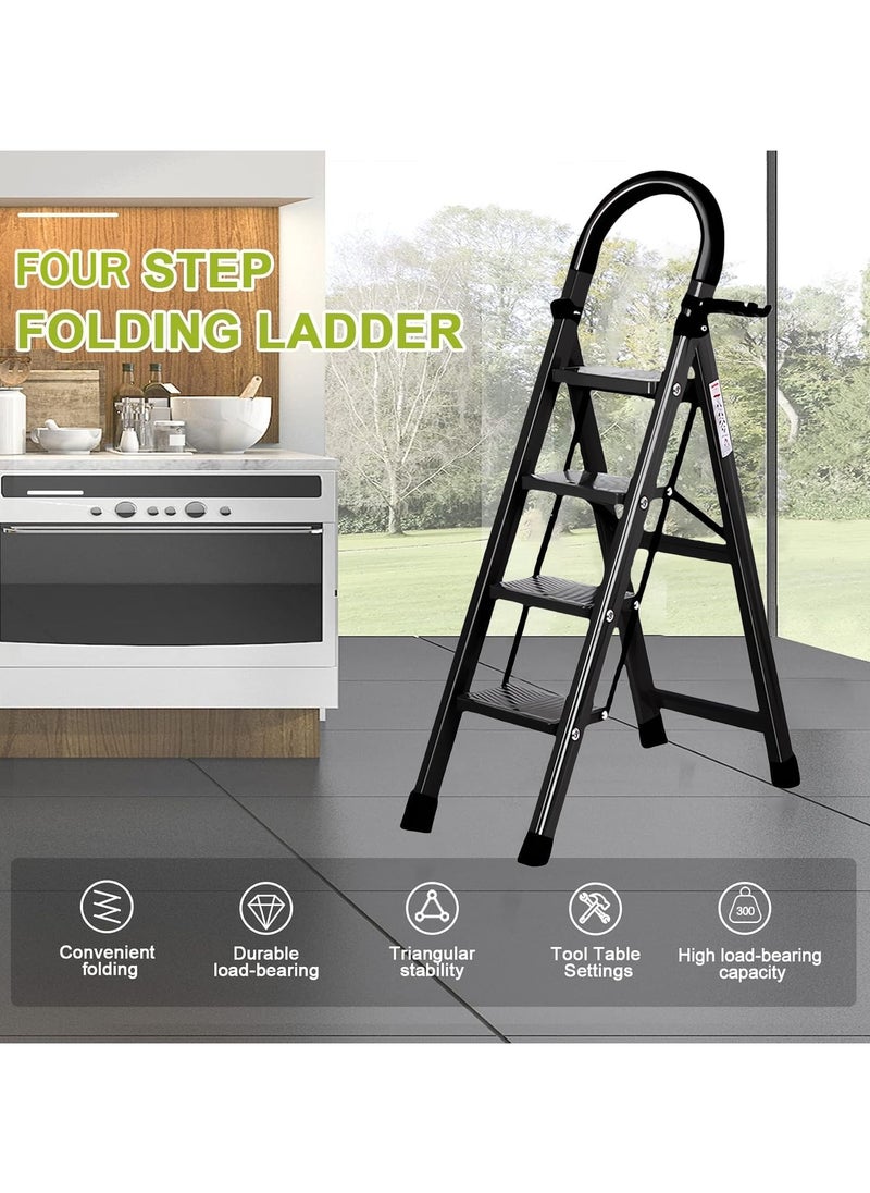 4 Step Ladder, Steel Folding Ladder Stool with Tool Rack, Non-Slip Treads, Multi-Purpose Folding Ladder for Home Kitchen Office, Space Saving, Holds up to 150KG