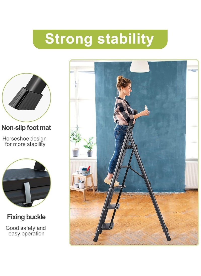 4 Step Ladder, Steel Folding Ladder Stool with Tool Rack, Non-Slip Treads, Multi-Purpose Folding Ladder for Home Kitchen Office, Space Saving, Holds up to 150KG