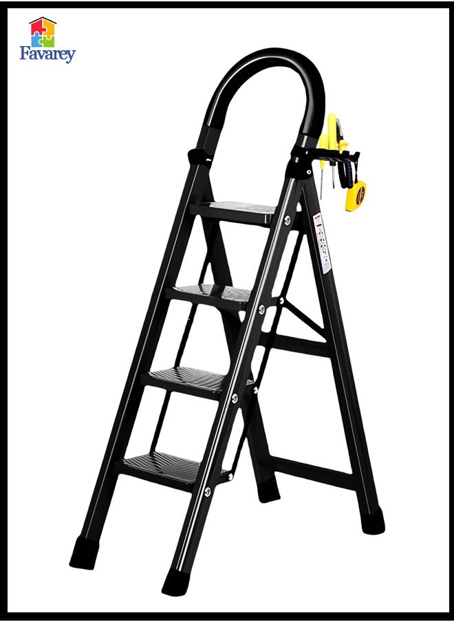 4 Step Ladder, Steel Folding Ladder Stool with Tool Rack, Non-Slip Treads, Multi-Purpose Folding Ladder for Home Kitchen Office, Space Saving, Holds up to 150KG