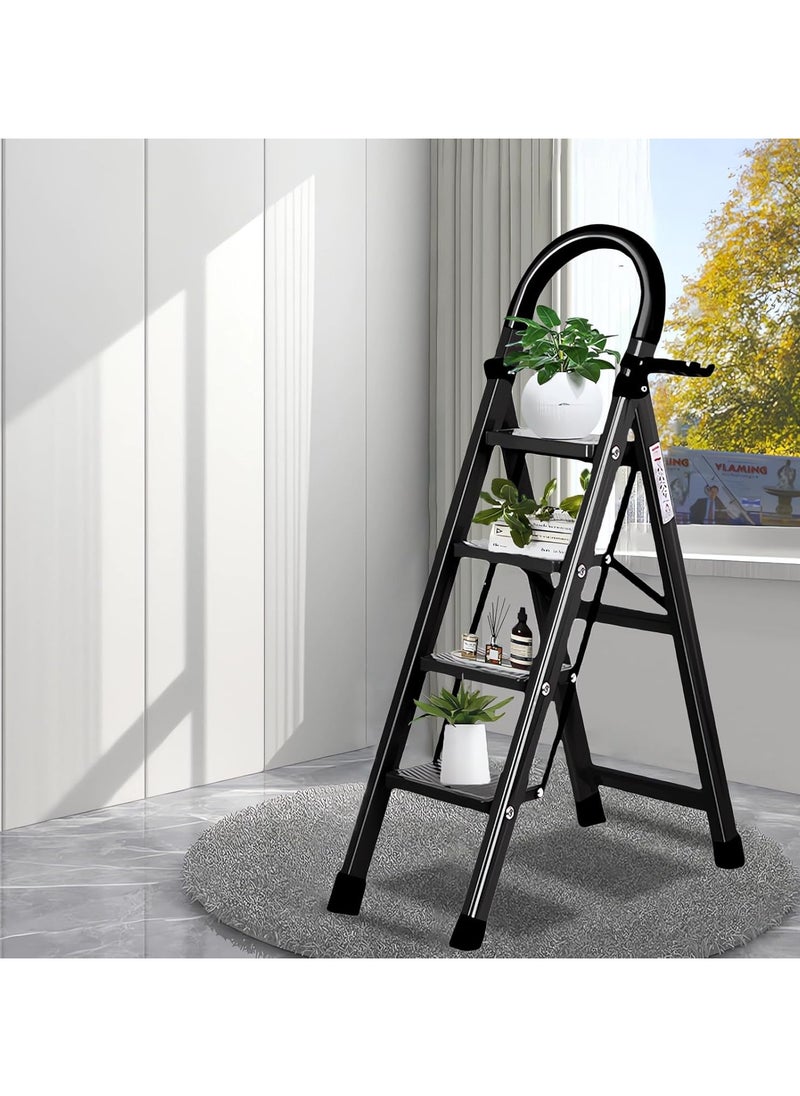 4 Step Ladder, Steel Folding Ladder Stool with Tool Rack, Non-Slip Treads, Multi-Purpose Folding Ladder for Home Kitchen Office, Space Saving, Holds up to 150KG