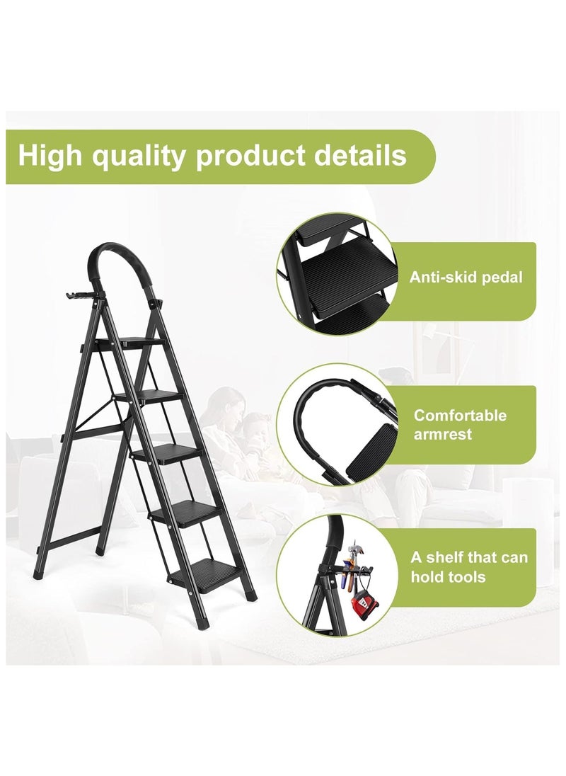 5 Step Ladder, Steel Folding Ladder Stool with Tool Rack, Non-Slip Treads, Multi-Purpose Folding Ladder for Home Kitchen Office, Space Saving, Holds up to 150KG