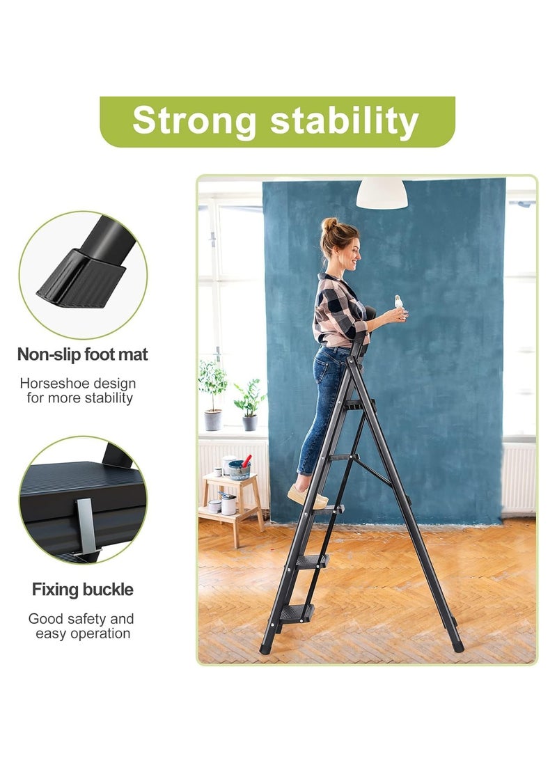 5 Step Ladder, Steel Folding Ladder Stool with Tool Rack, Non-Slip Treads, Multi-Purpose Folding Ladder for Home Kitchen Office, Space Saving, Holds up to 150KG