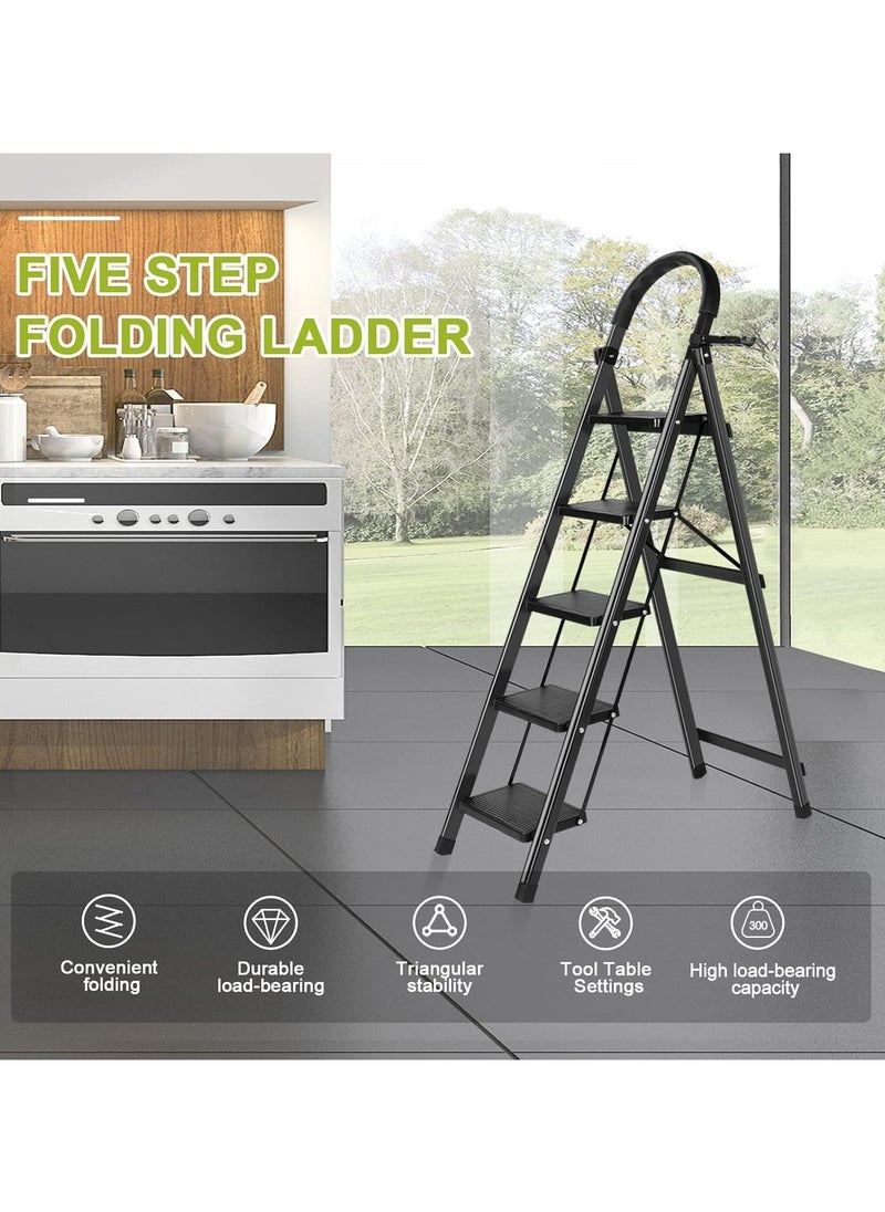 5 Step Ladder, Steel Folding Ladder Stool with Tool Rack, Non-Slip Treads, Multi-Purpose Folding Ladder for Home Kitchen Office, Space Saving, Holds up to 150KG