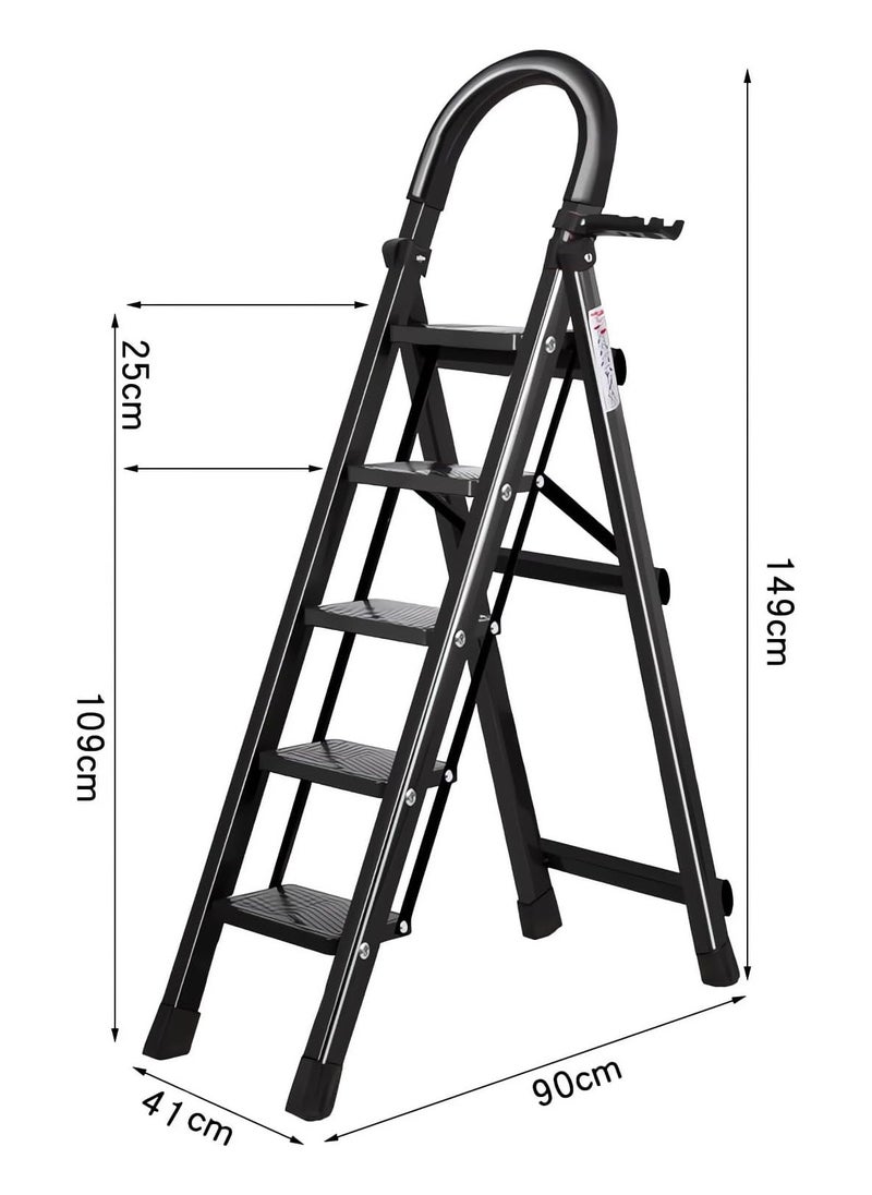 5 Step Ladder, Steel Folding Ladder Stool with Tool Rack, Non-Slip Treads, Multi-Purpose Folding Ladder for Home Kitchen Office, Space Saving, Holds up to 150KG