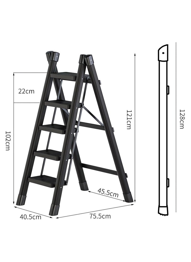 5 Step Ladder, Black Aluminum Folding Ladder Stool, Wider Upgraded Non-Slip Treads, Portable Lightweight Ladder for Home and Kitchen, Holds up to 150KG