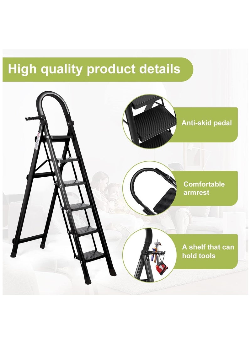 6 Step Ladder, Steel Folding Ladder Stool with Tool Rack, Non-Slip Treads, Multi-Purpose Folding Ladder for Home Kitchen Office, Space Saving, Holds up to 150KG