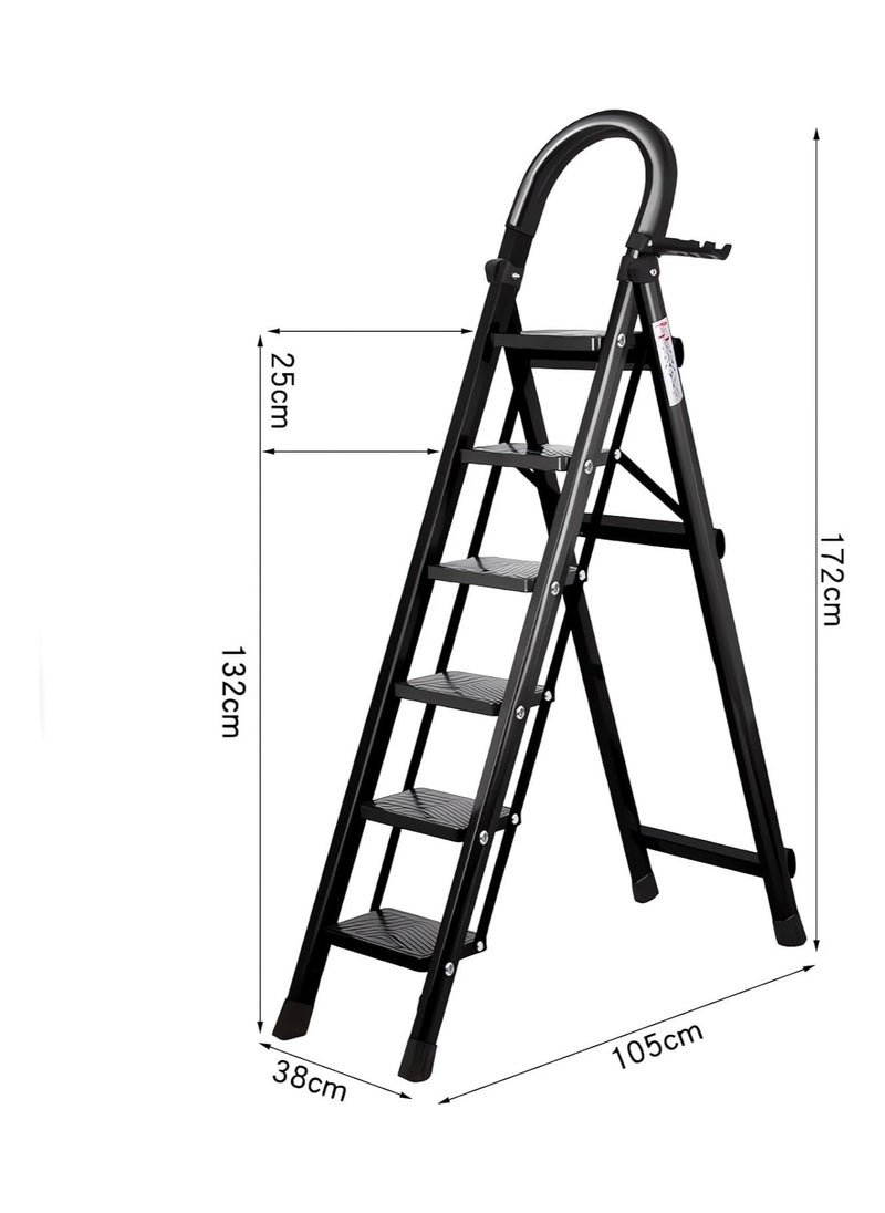 6 Step Ladder, Steel Folding Ladder Stool with Tool Rack, Non-Slip Treads, Multi-Purpose Folding Ladder for Home Kitchen Office, Space Saving, Holds up to 150KG