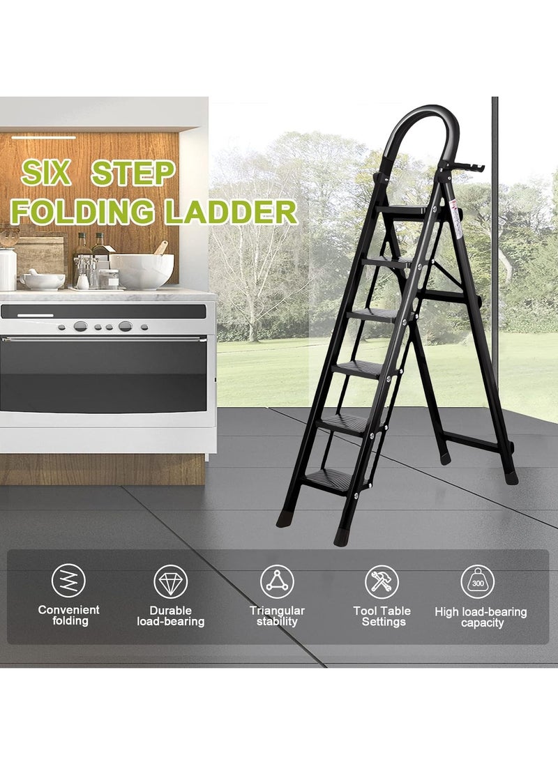 6 Step Ladder, Steel Folding Ladder Stool with Tool Rack, Non-Slip Treads, Multi-Purpose Folding Ladder for Home Kitchen Office, Space Saving, Holds up to 150KG