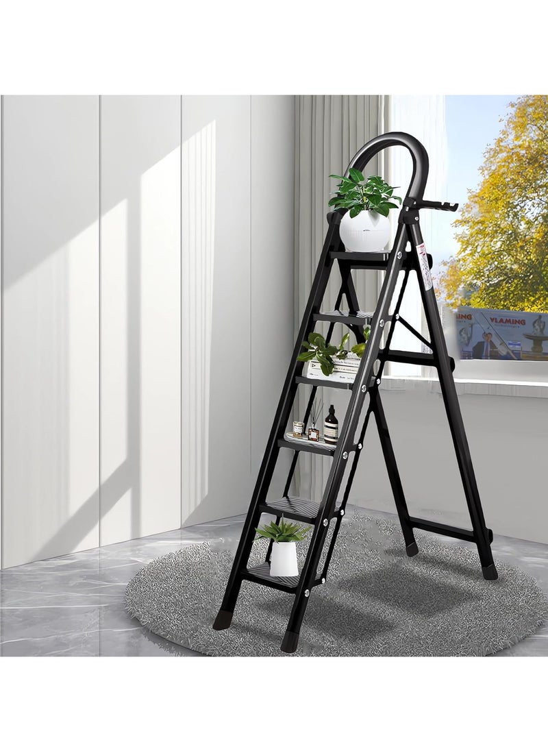 6 Step Ladder, Steel Folding Ladder Stool with Tool Rack, Non-Slip Treads, Multi-Purpose Folding Ladder for Home Kitchen Office, Space Saving, Holds up to 150KG