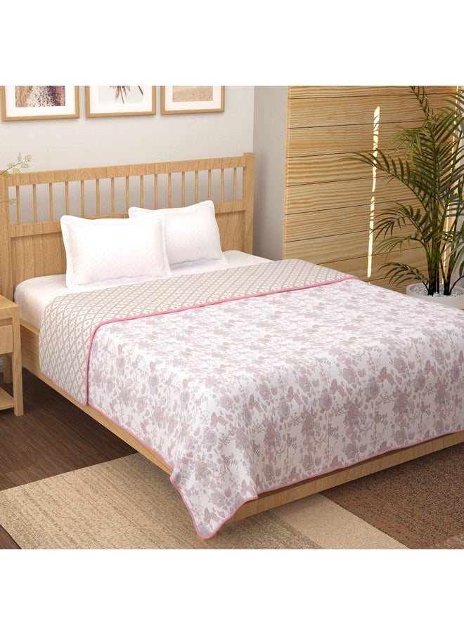 Story@Home Comforter Double Bed | 100% Cotton Blanket | 150GSM | 225X 240 cm | AC Comforter Double Bed | Baby Pink & White Blanket | Floral Pattern | Quilt | Duvet | Dohar | Perfect Festive Gifting