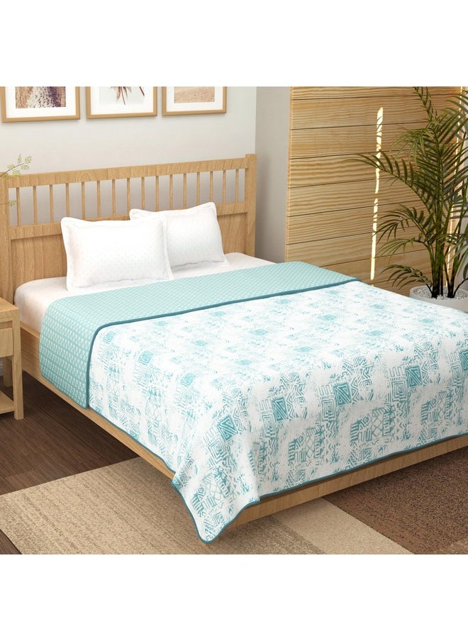 Story@Home Comforter Double Bed | 100% Cotton Blanket Double Bed | 150GSM | 225X 240 cm | AC Comforter Double Bed | White & Blue | Aztec Pattern | Quilt | Duvet | Dohar | Perfect Festive Gifting