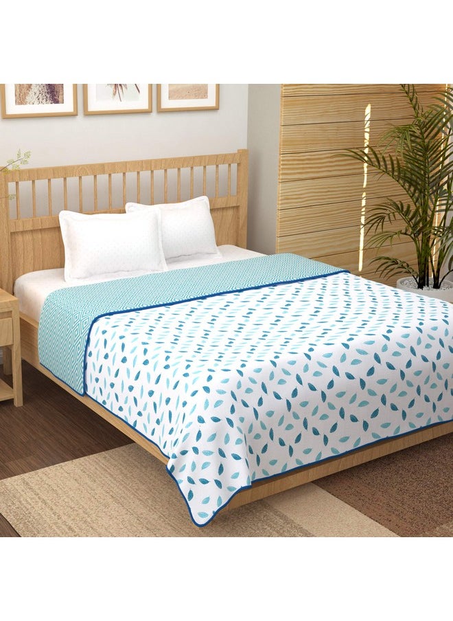 Story@Home Comforter Double Bed | 100% Cotton Blanket Double Bed | 150GSM | 225X 240 cm | AC Comforter Double Bed | White & Blue | Leaf Pattern | Quilt | Duvet | Dohar | Perfect Festive Gifting