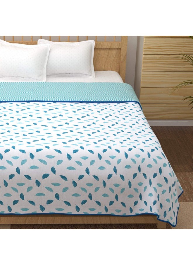 Story@Home Comforter Double Bed | 100% Cotton Blanket Double Bed | 150GSM | 225X 240 cm | AC Comforter Double Bed | White & Blue | Leaf Pattern | Quilt | Duvet | Dohar | Perfect Festive Gifting