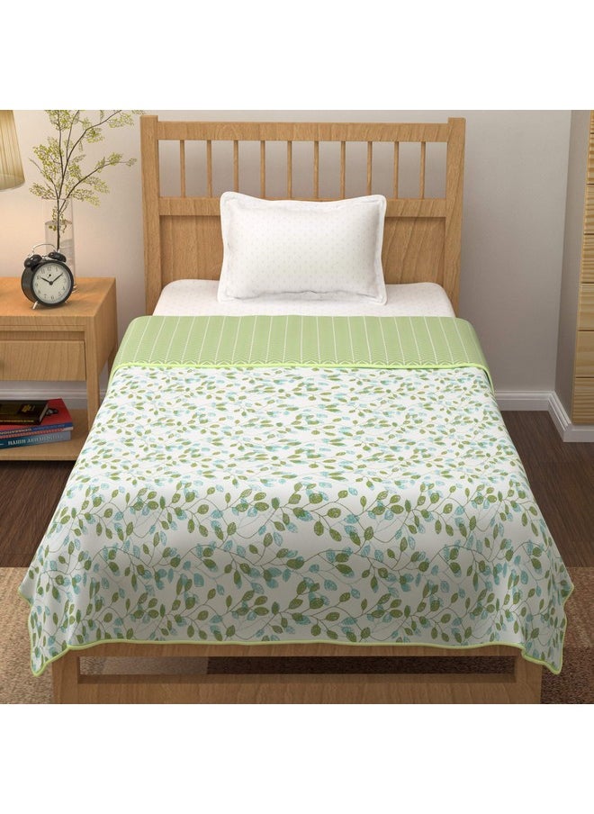 Story@Home Comforter Single Bed | 100% Cotton Blanket Single Bed | 150GSM | 144 X 220cm | AC Comforter Single Bed | White & Olive Green | Leaf Pattern | Quilt | Duvet | Dohar | Perfect Festive Gifting