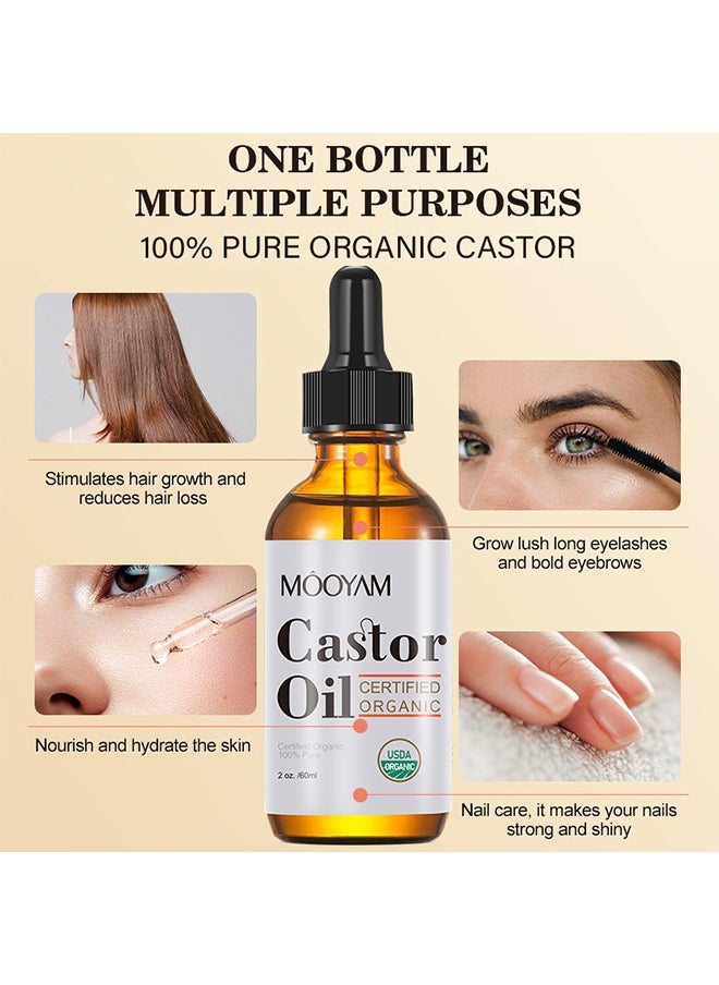 Castor Oil,Organic Castor Oil, USDA Certified Organic, 100% Pure, Cold Pressed, Hexane Free, Stimulates Eyelash, Eyebrow and Hair Growth, Skin Moisturizer and Degreaser - 60ml