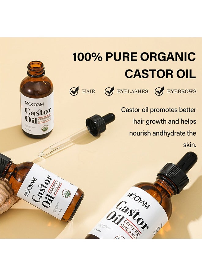 Castor Oil,Organic Castor Oil, USDA Certified Organic, 100% Pure, Cold Pressed, Hexane Free, Stimulates Eyelash, Eyebrow and Hair Growth, Skin Moisturizer and Degreaser - 60ml