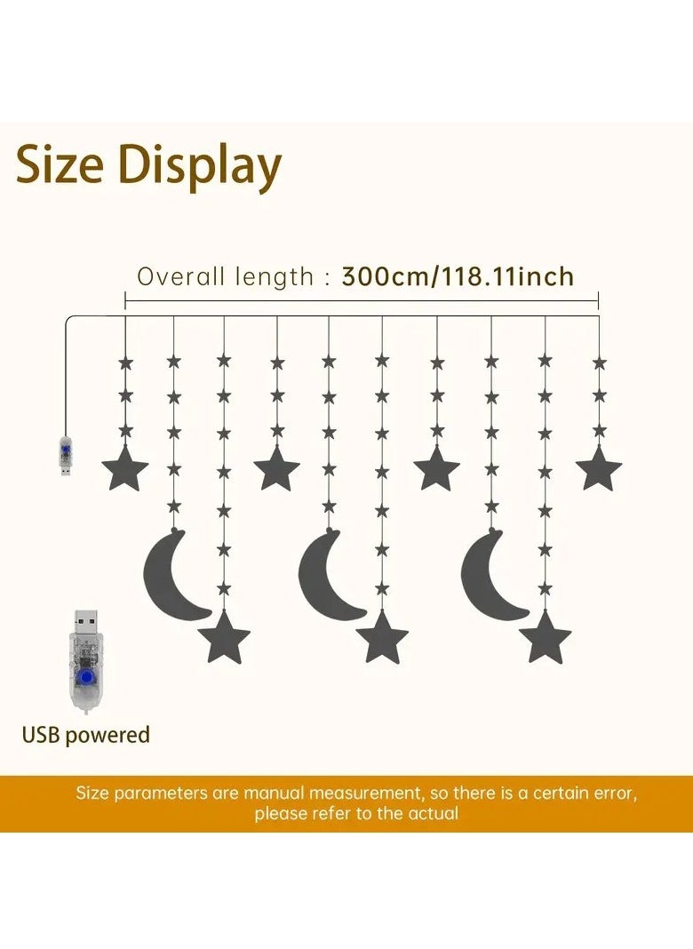 1pc USB-Powered Star & Moon String Lights - 299.92cm, 98 LED, 8 Lighting Modes, Indoor Twinkle Fairy Lights for Ramadan Kareem & Eid Mubarak Decorations, Perfect for Home & Kitchen Eid al-Fitr Celebrations