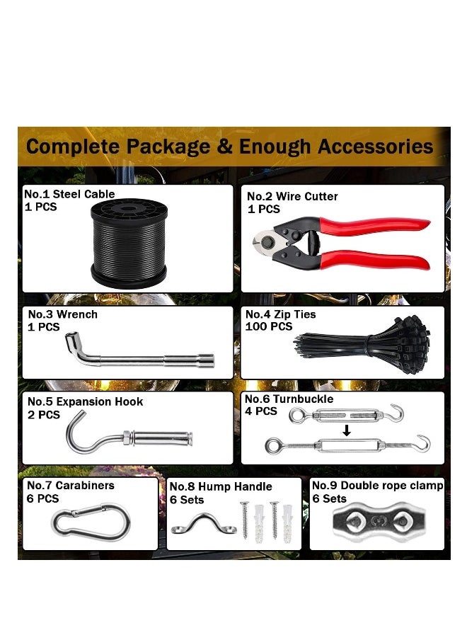 String Light Suspension Kit Outdoor Light Guide Wire 50M Coated Stainless Steel 304 Wire Rope String Light Hanging Kits Light Hanging Kit for Outdoor String Lights Patio Lights Camping Lights