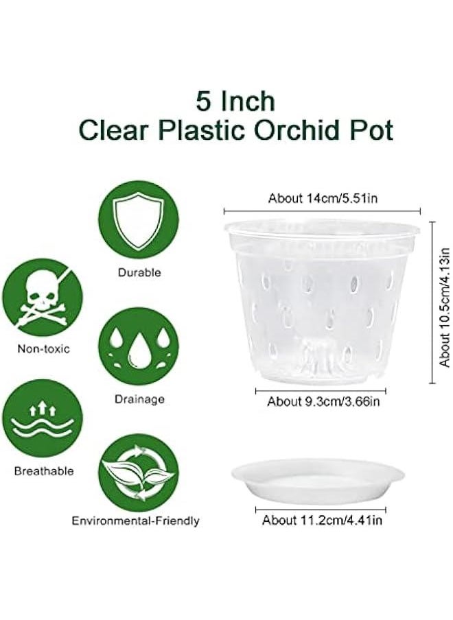 5 Pack Orchid Pots, 5 Inch Clear Orchid Pots with Holes & Saucers, Plastics Breathable Slotted Orchid Planter Indoor Outdoor, 100