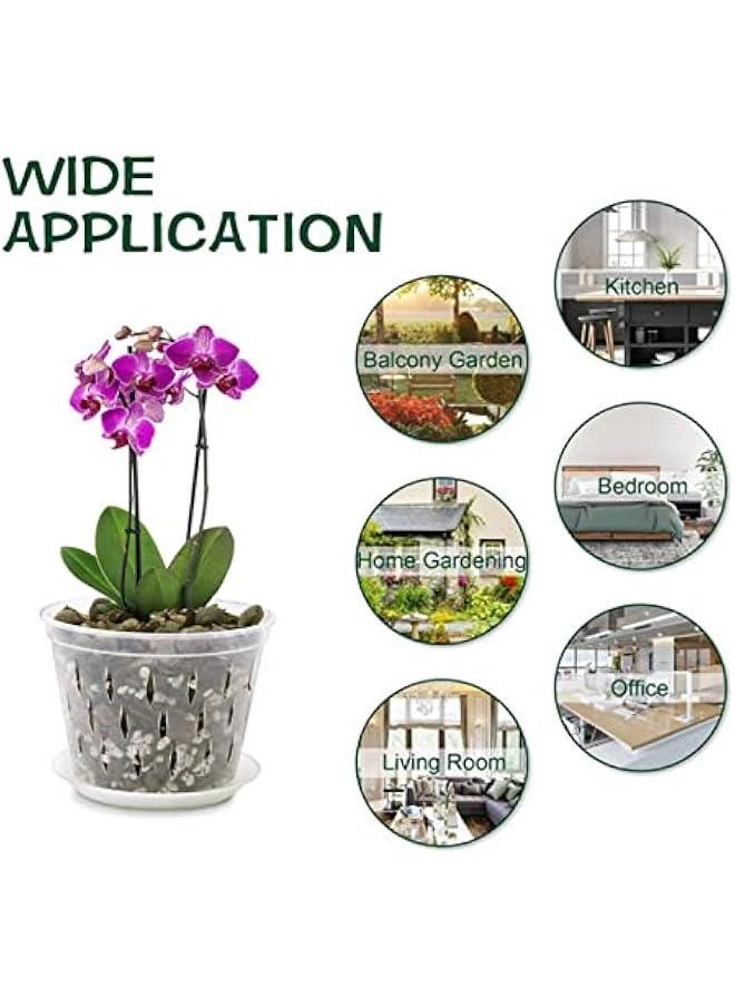 5 Pack Orchid Pots, 5 Inch Clear Orchid Pots with Holes & Saucers, Plastics Breathable Slotted Orchid Planter Indoor Outdoor, 100