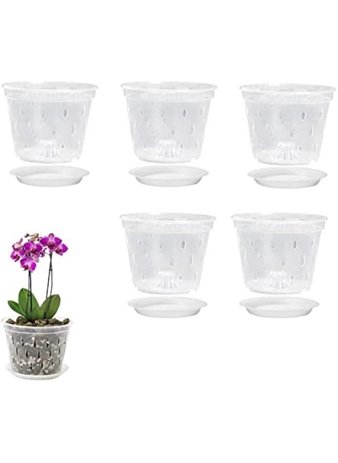 5 Pack Orchid Pots, 5 Inch Clear Orchid Pots with Holes & Saucers, Plastics Breathable Slotted Orchid Planter Indoor Outdoor, 100