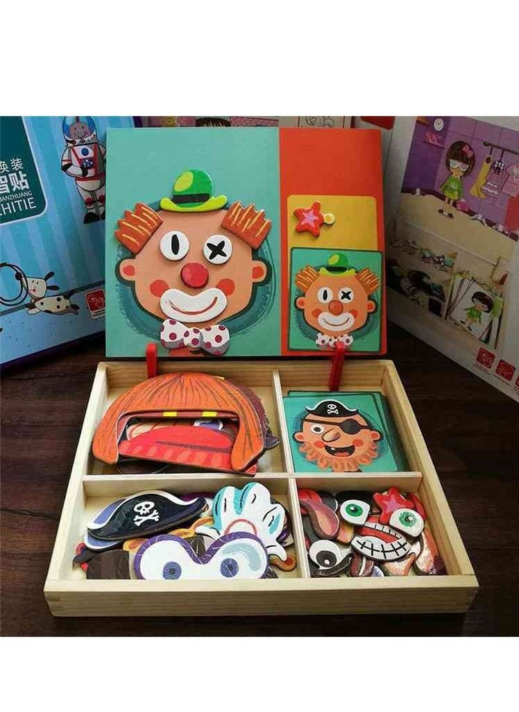 Dressing Magnetic Puzzle Faces with Wooden Storage Box for Kids