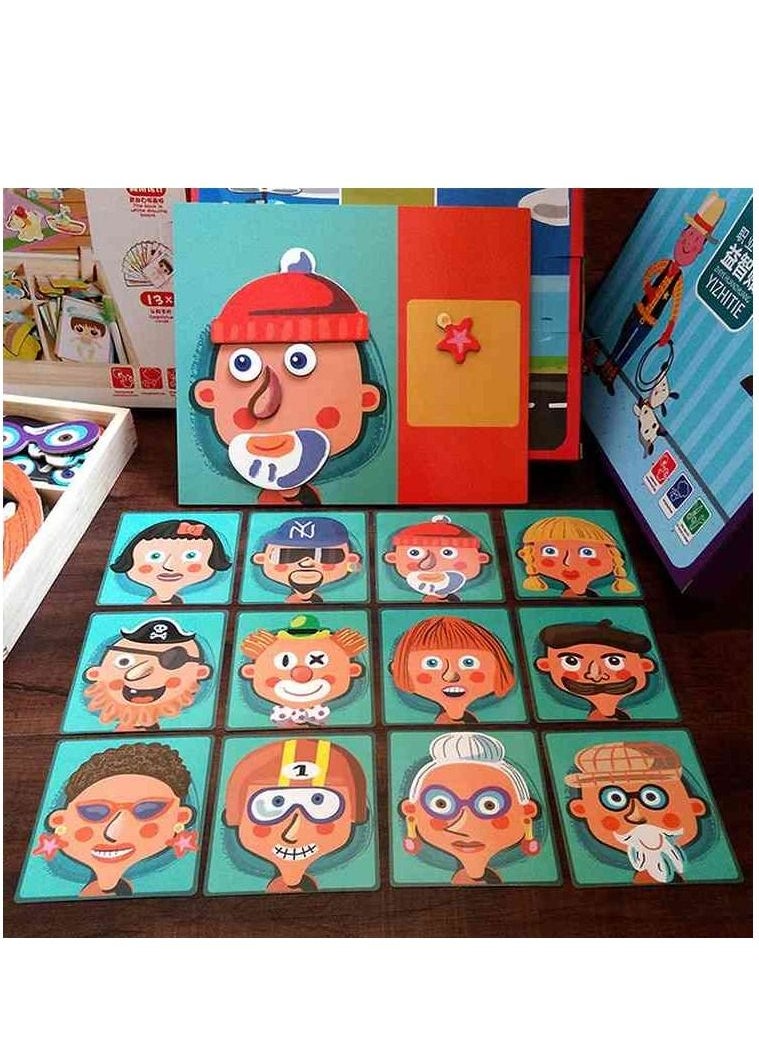 Dressing Magnetic Puzzle Faces with Wooden Storage Box for Kids