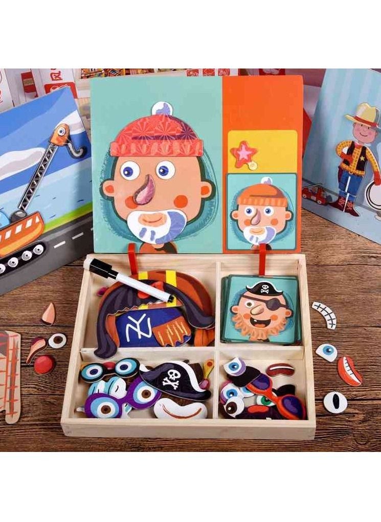 Dressing Magnetic Puzzle Faces with Wooden Storage Box for Kids