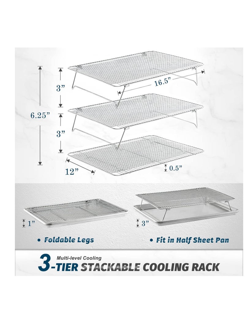 HIWARE Stainless Steel Stackable Cooling Rack for Baking, 3 Tier 12”x 16.5”,Oven & Dishwasher Salf and Fit Half Sheet,Wire Cooling Racks for Cookie, Pizza, Cake