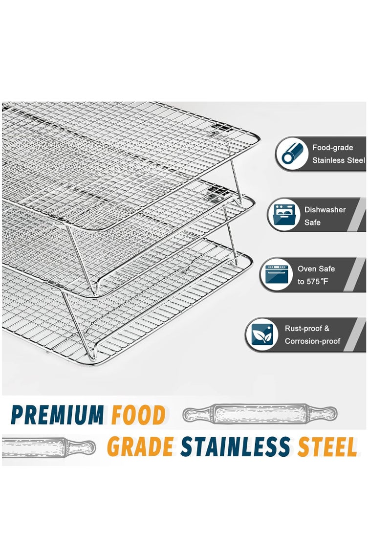 HIWARE Stainless Steel Stackable Cooling Rack for Baking, 3 Tier 12”x 16.5”,Oven & Dishwasher Salf and Fit Half Sheet,Wire Cooling Racks for Cookie, Pizza, Cake