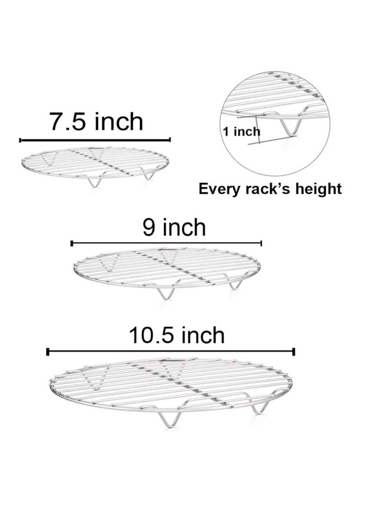 TeamFar Round Cooling Rack Set of 3, 7½ & 9 & 10½ Inch, Stainless Steel Round Baking Steaming Rack Set, Fit for Oven/Pot/Air fryer, Healthy & Dishwasher Safe, Mirror Finish & Smooth Edge