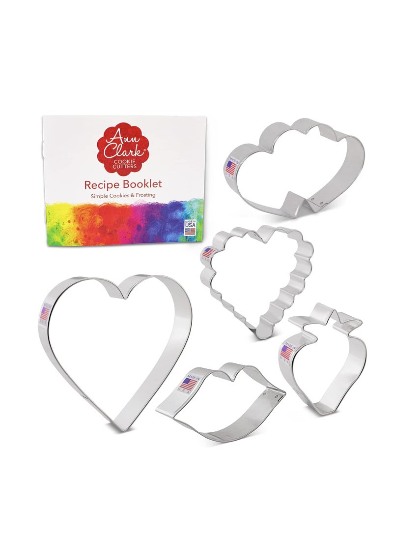 Valentines Day Cookie Cutters 5-Pc. Set Made in USA by Ann Clark, Heart, Strawberry, Scalloped Heart, Lips, Double Heart