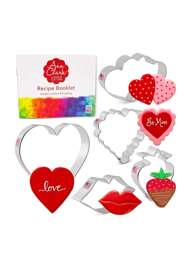 Valentines Day Cookie Cutters 5-Pc. Set Made in USA by Ann Clark, Heart, Strawberry, Scalloped Heart, Lips, Double Heart