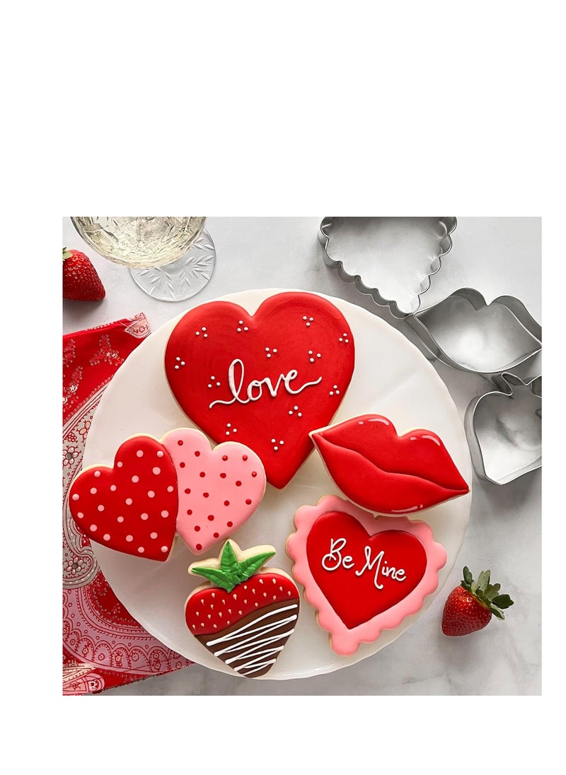 Valentines Day Cookie Cutters 5-Pc. Set Made in USA by Ann Clark, Heart, Strawberry, Scalloped Heart, Lips, Double Heart