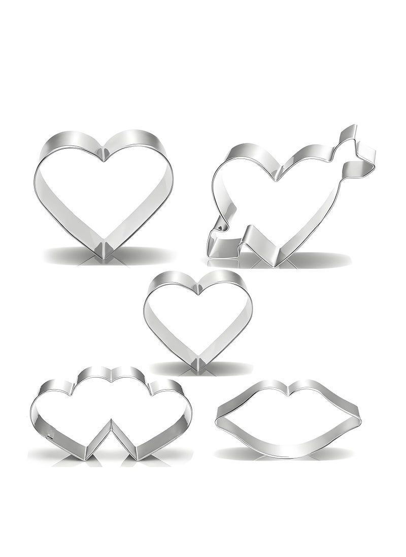 Valentine's Day Heart Cookie Cutter Set - 5 Piece Valentine Cookie Cutters - Heart, Lips, Heart with Arrow, Double Heart