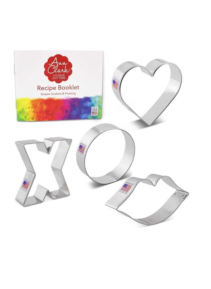 Ann Clark Cookie Cutters Valentines Cookie Cutters 4-Pc. Set Made in the USA, Lips, Heart, X, and O