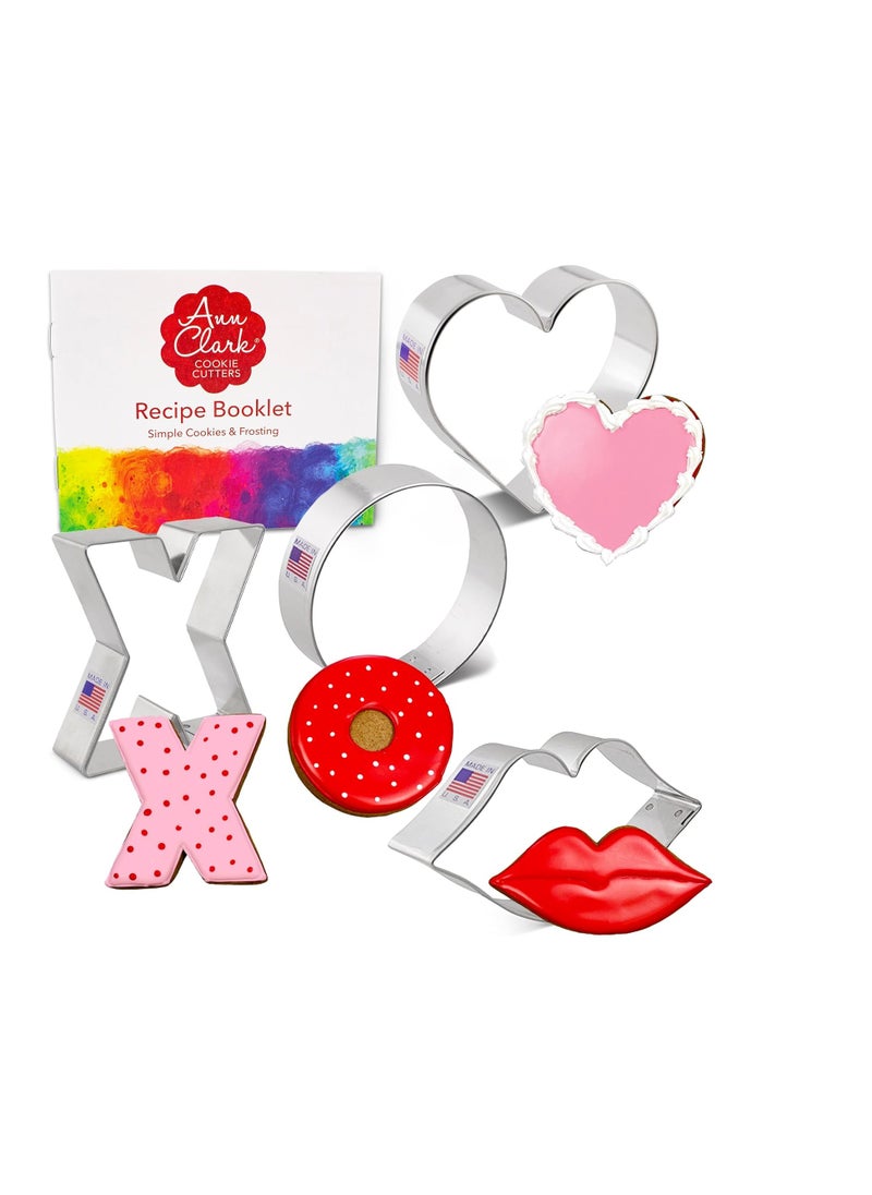 Ann Clark Cookie Cutters Valentines Cookie Cutters 4-Pc. Set Made in the USA, Lips, Heart, X, and O